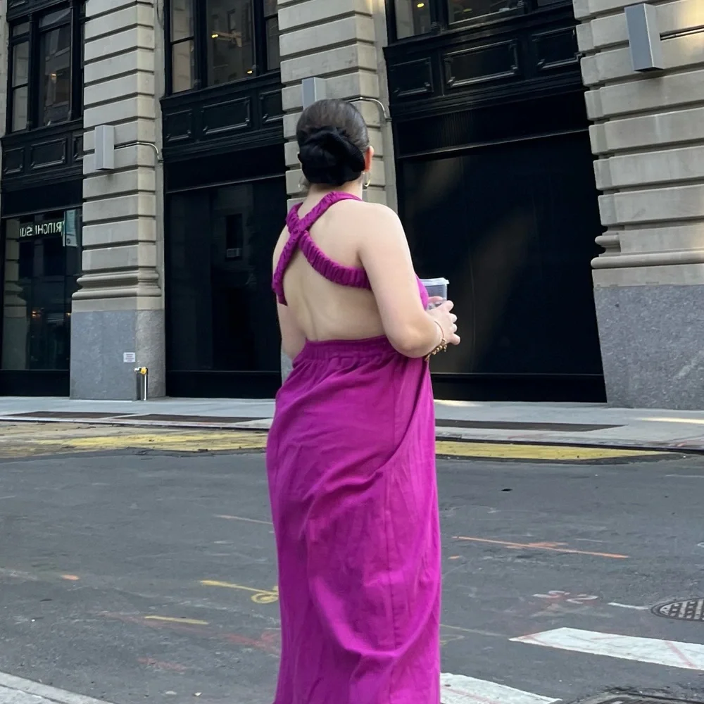Fuchsia Pink Open Back Maxi Dress | M + L Size | | Shirred Waist | OFFERS ❤️ - Picture 2 of 5